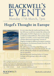 Book Launch 17 March: Hegels Thought in Europe: Current, Crosscurrents and Undercurrents edited by Lisa Herzog