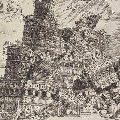 Image of the Tower of Babel falling down