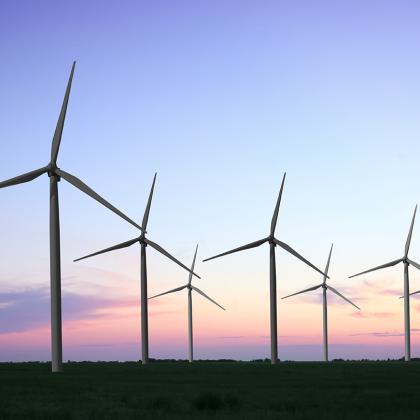 a row of wind turbines in a field.
