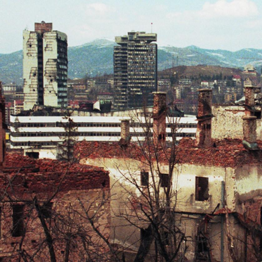 A destroyed building in a city